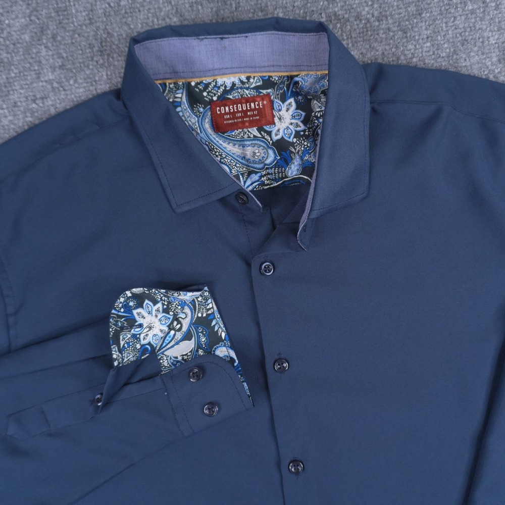 Consequence Button Down Shirt Mens Large Navy Paisley Contrast B-MECH1-MN